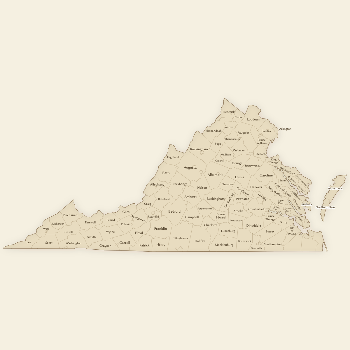 Styled Map of Virginia Counties (Vintage Theme)