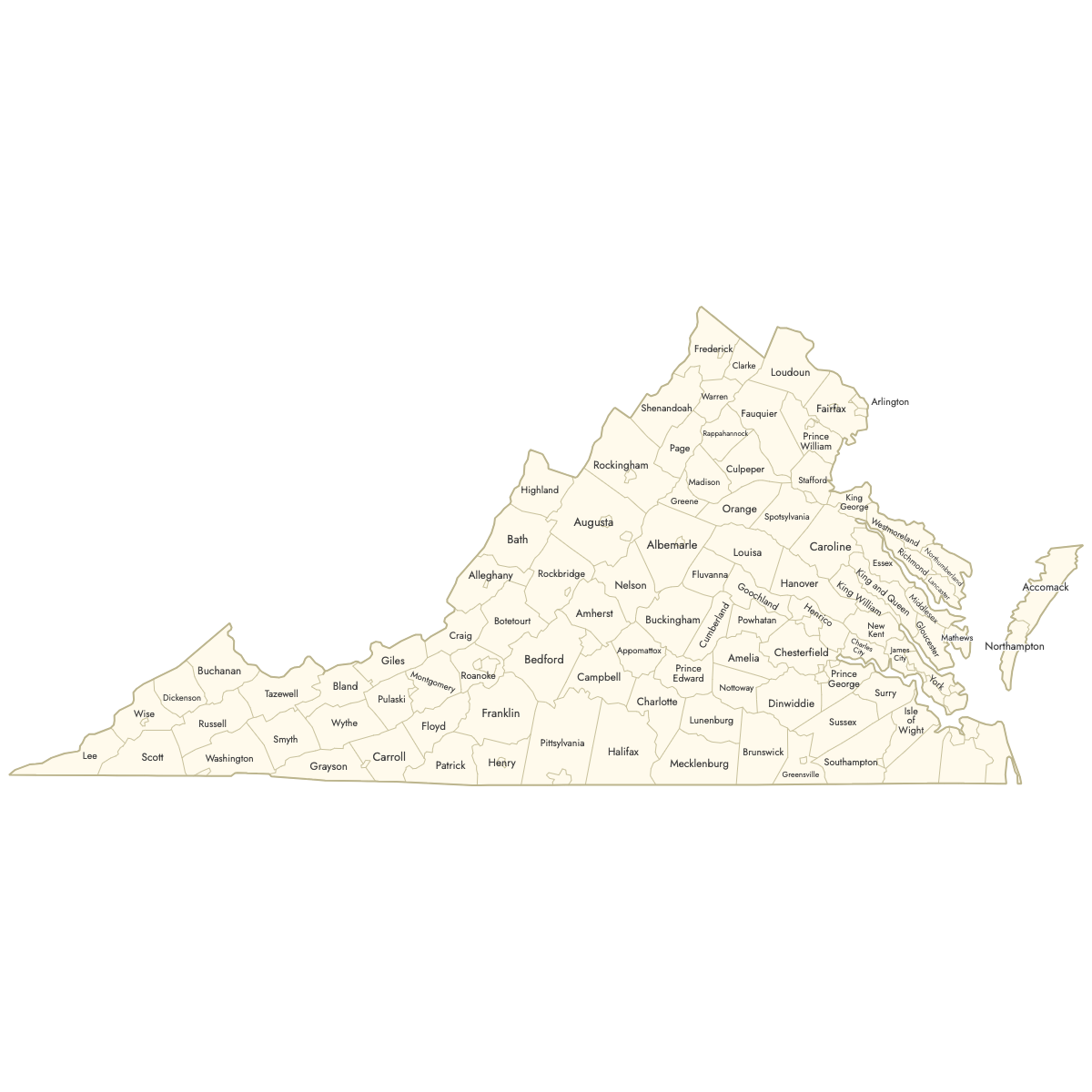 Unstyled Map of Virginia Counties With Labels