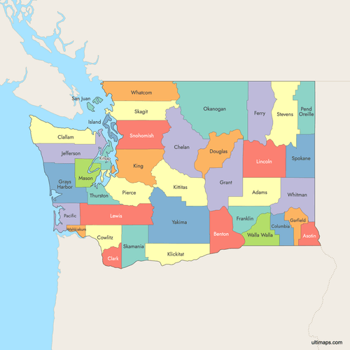 Preview of Colored Map of Washington Counties with Surrounding Areas