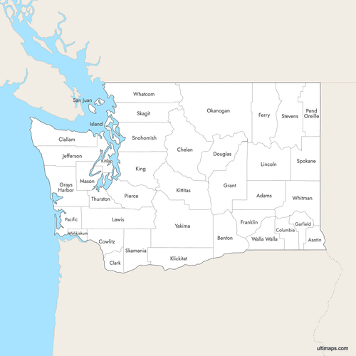 Preview of Labeled Map of Washington Counties with Surrounding Areas