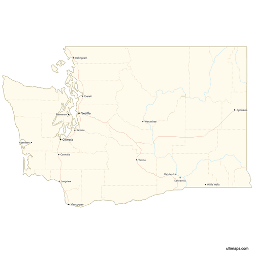 Preview of Map of Washington Counties with Cities