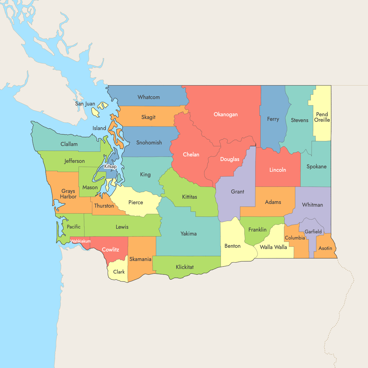 Map of Washington Counties with surrounding areas