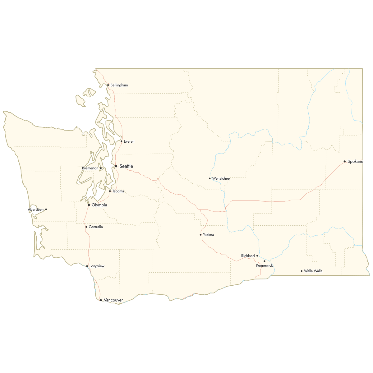 Custom Map of Washington Counties with Cities
