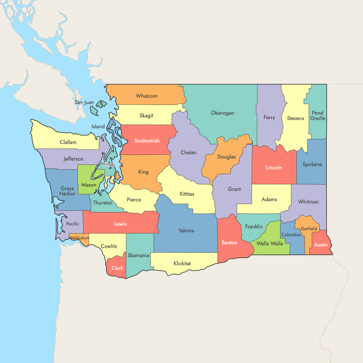 Custom Map of Washington Counties with Surrounding Areas