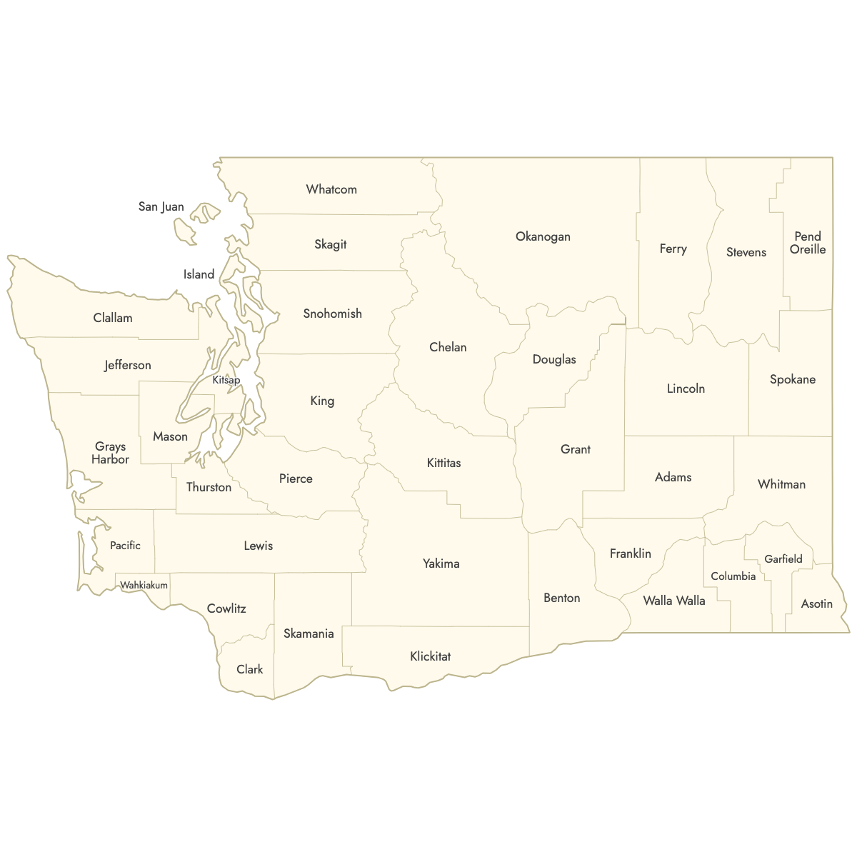 Unstyled Map of Washington Counties With Labels