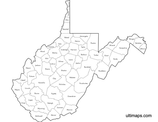 Preview of Labeled Map of West Virginia Counties (Letter)