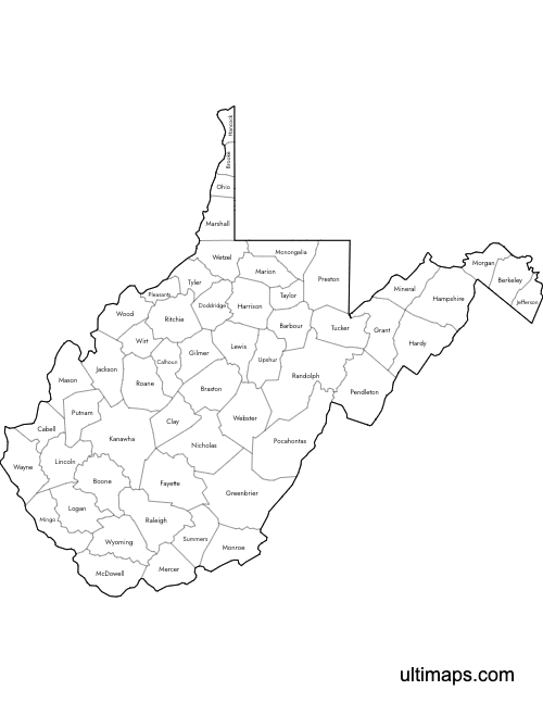 Preview of Labeled Map of West Virginia Counties (Letter)