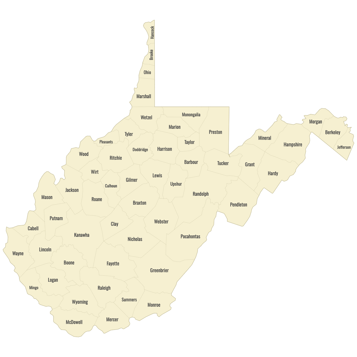 Blank Map of West Virginia Counties With Labels