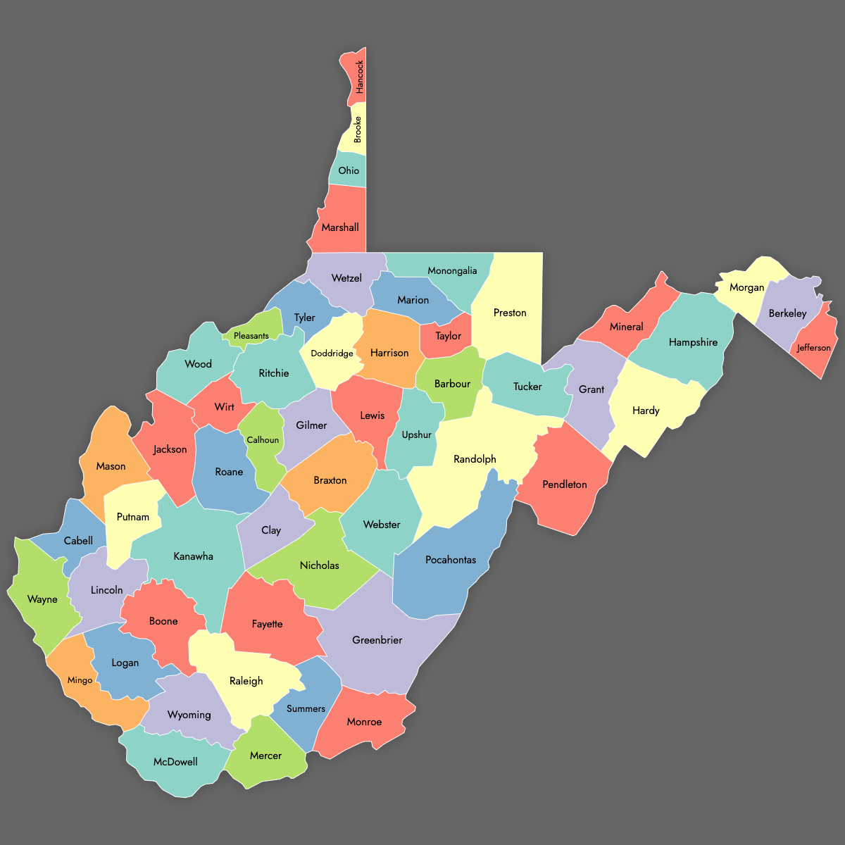 Custom Map of West Virginia Counties with Labels (Dark Theme)
