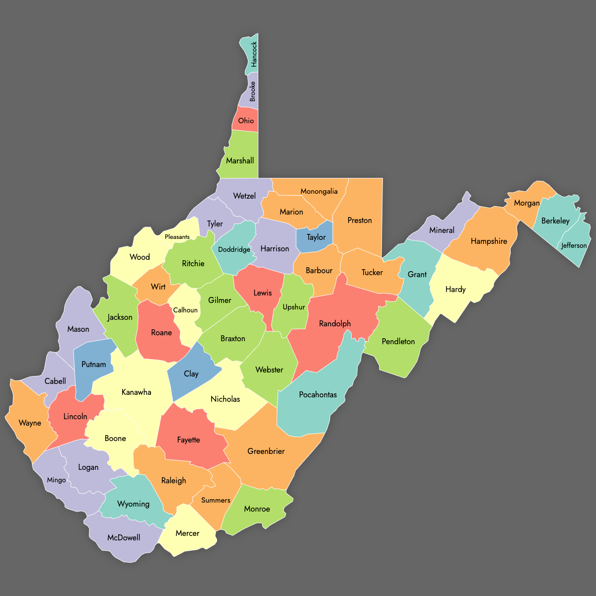 Custom Map of West Virginia Counties With Labels