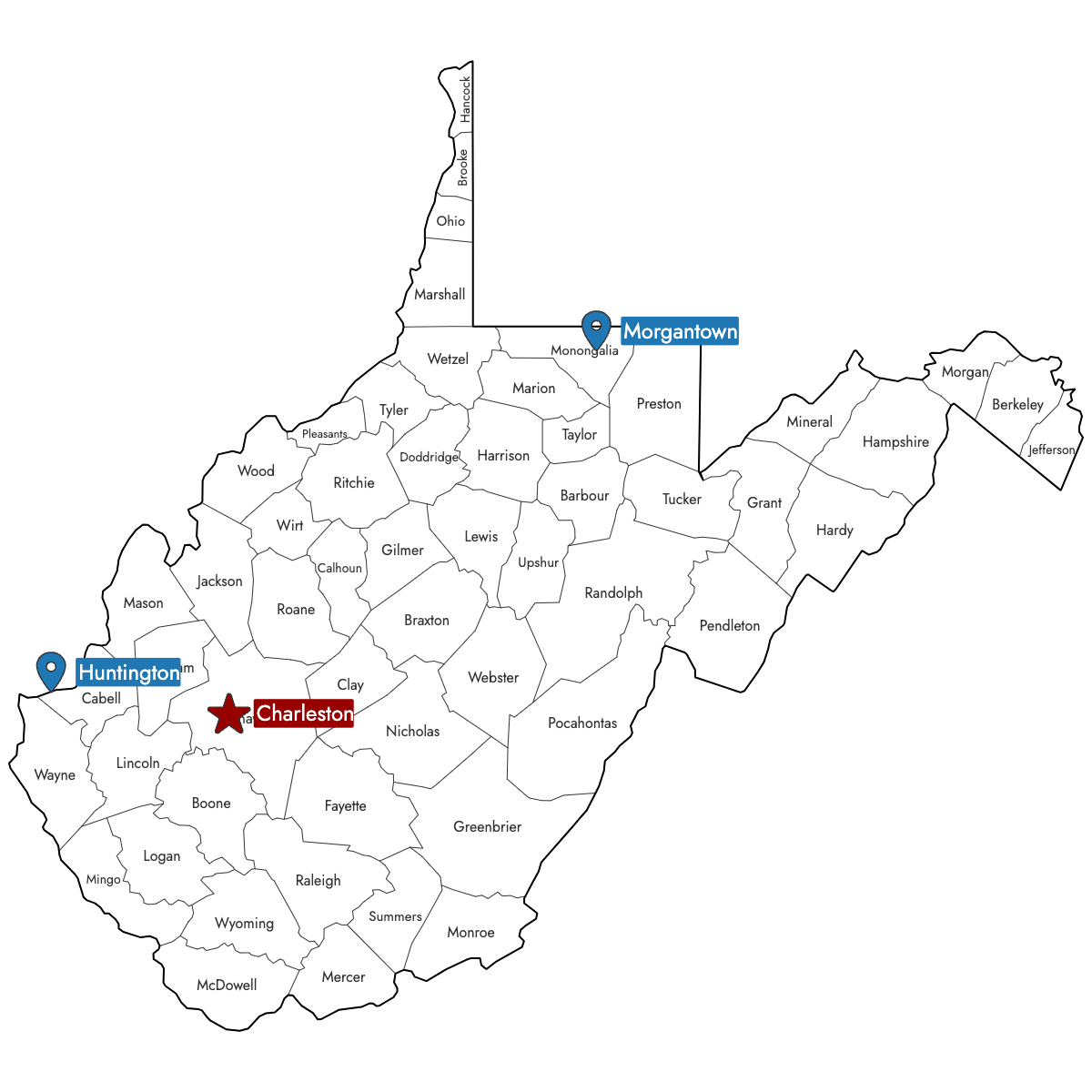Map of West Virginia Counties with Pins