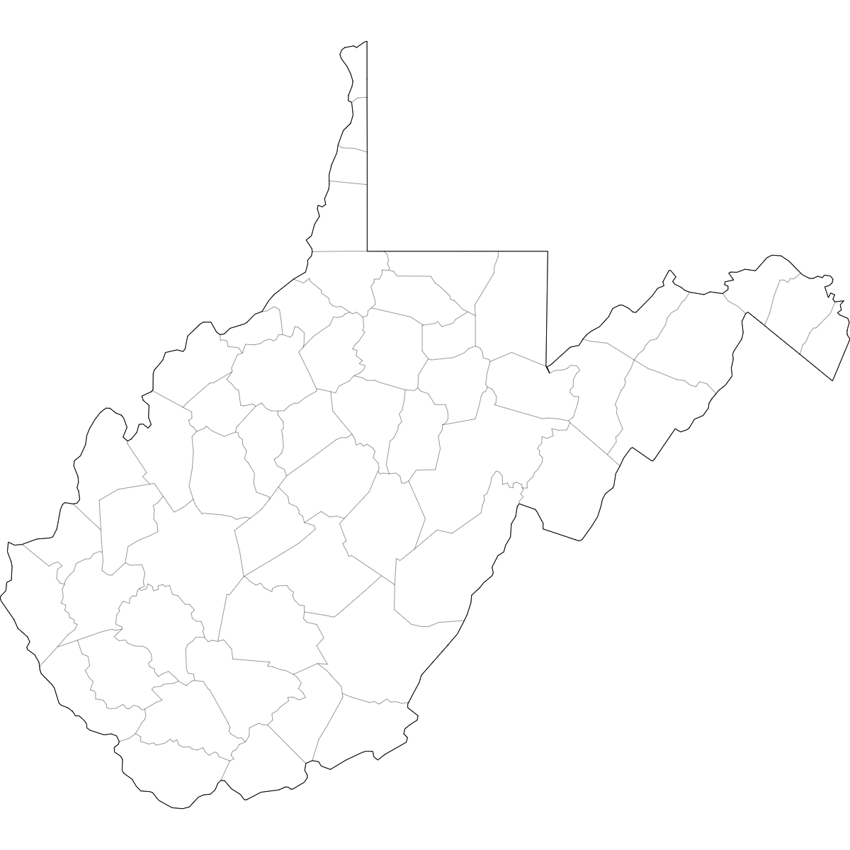 Blank outline map of West Virginia showing county borders