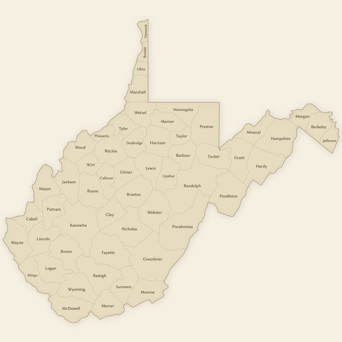 Styled Map of West Virginia Counties (Vintage Theme)