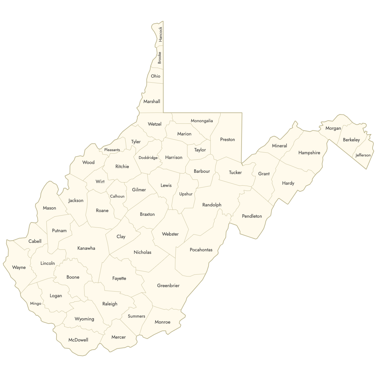 Unstyled Map of West Virginia Counties With Labels