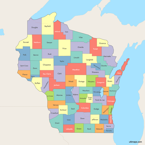Preview of Colored Map of Wisconsin Counties with Surrounding Areas