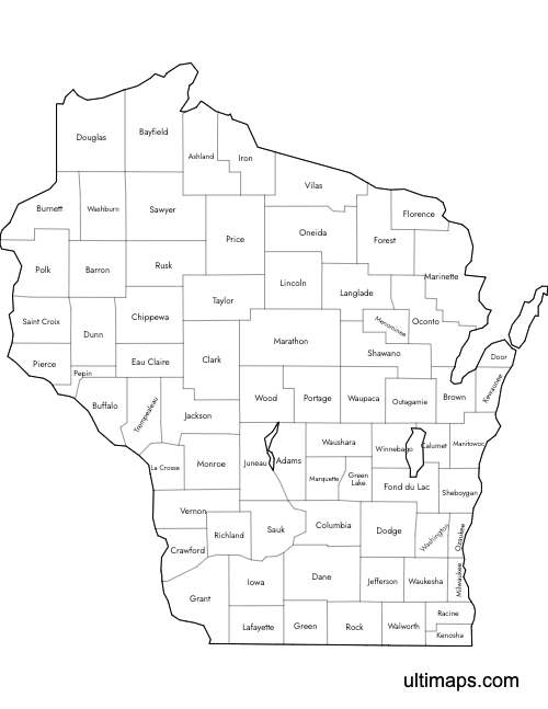 Preview of Labeled Map of Wisconsin Counties (A4)