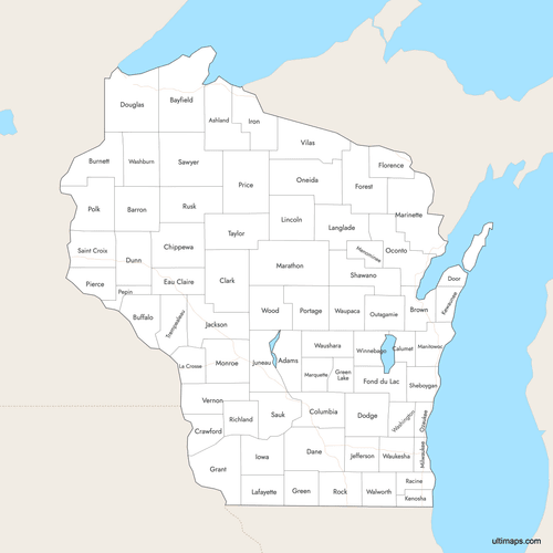 Preview of Labeled Map of Wisconsin Counties with Surrounding Areas
