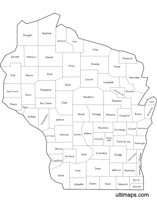Preview of Labeled Map of Wisconsin Counties (Letter)