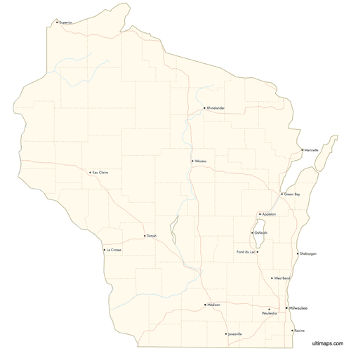 Preview of Map of Wisconsin Counties with Cities