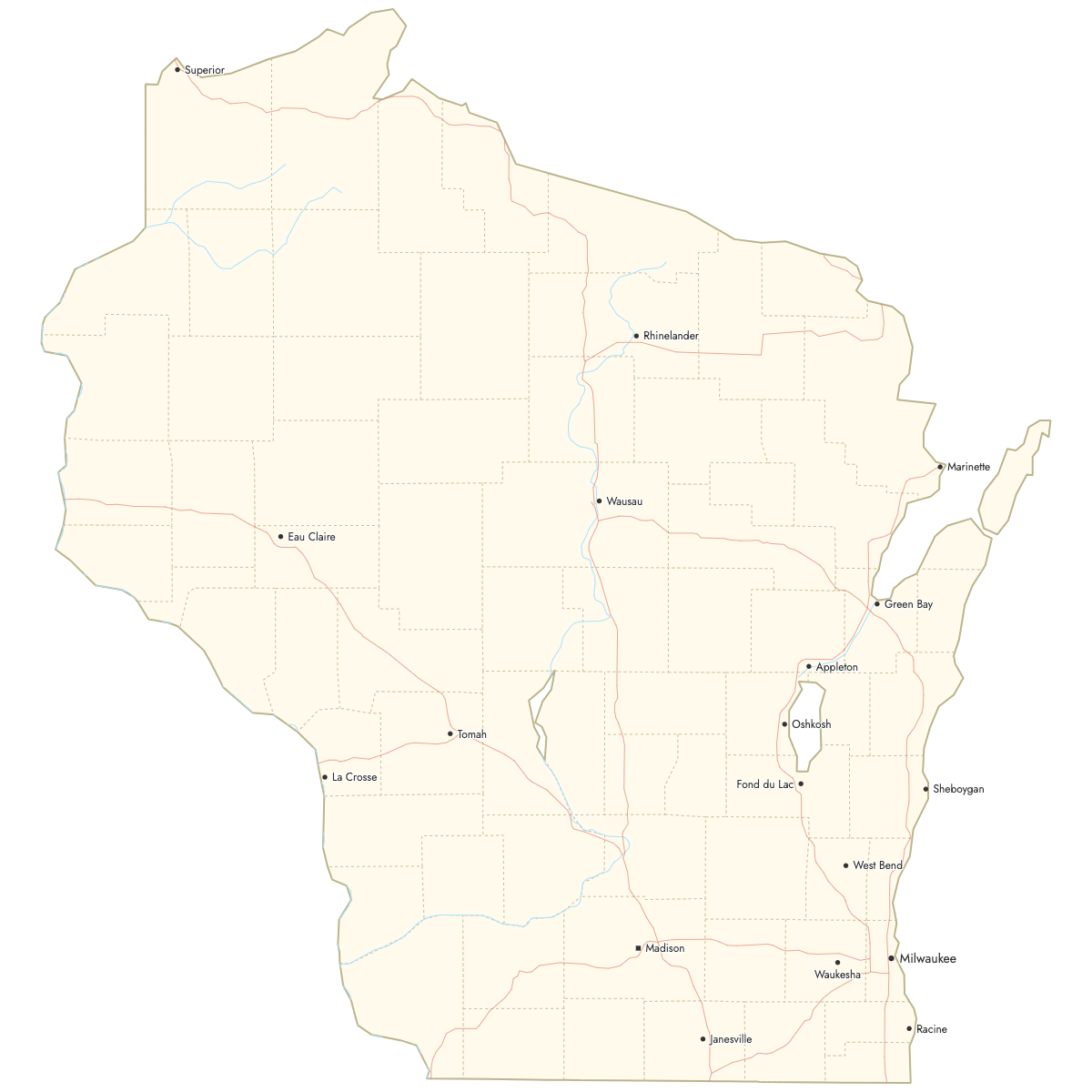 Custom Map of Wisconsin Counties with Cities