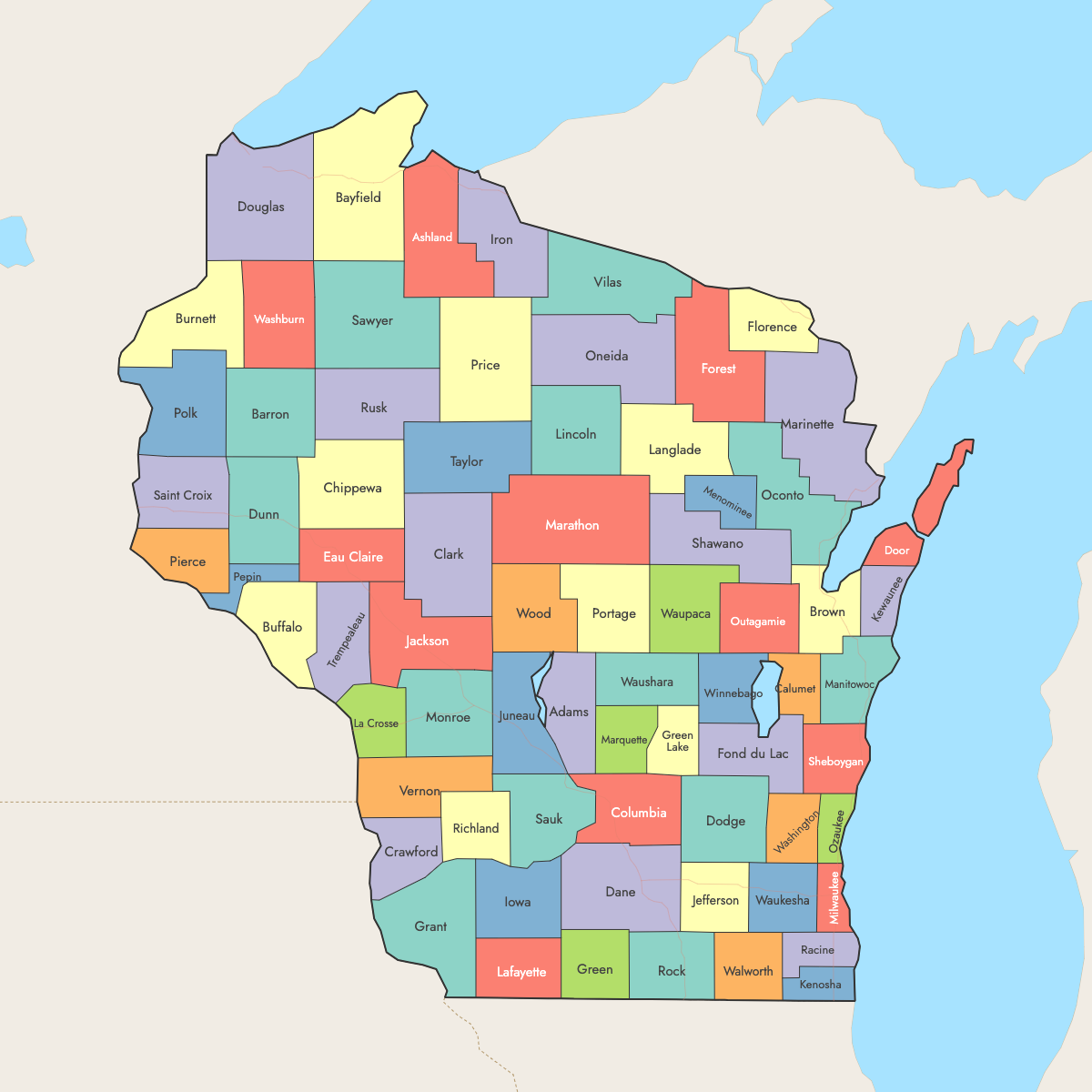 Custom Map of Wisconsin Counties with Surrounding Areas