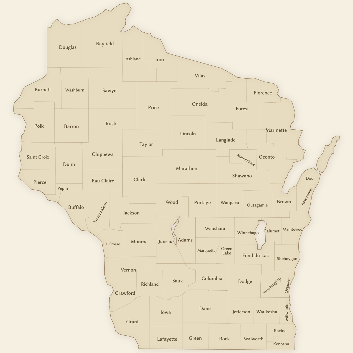 Styled Map of Wisconsin Counties (Vintage Theme)