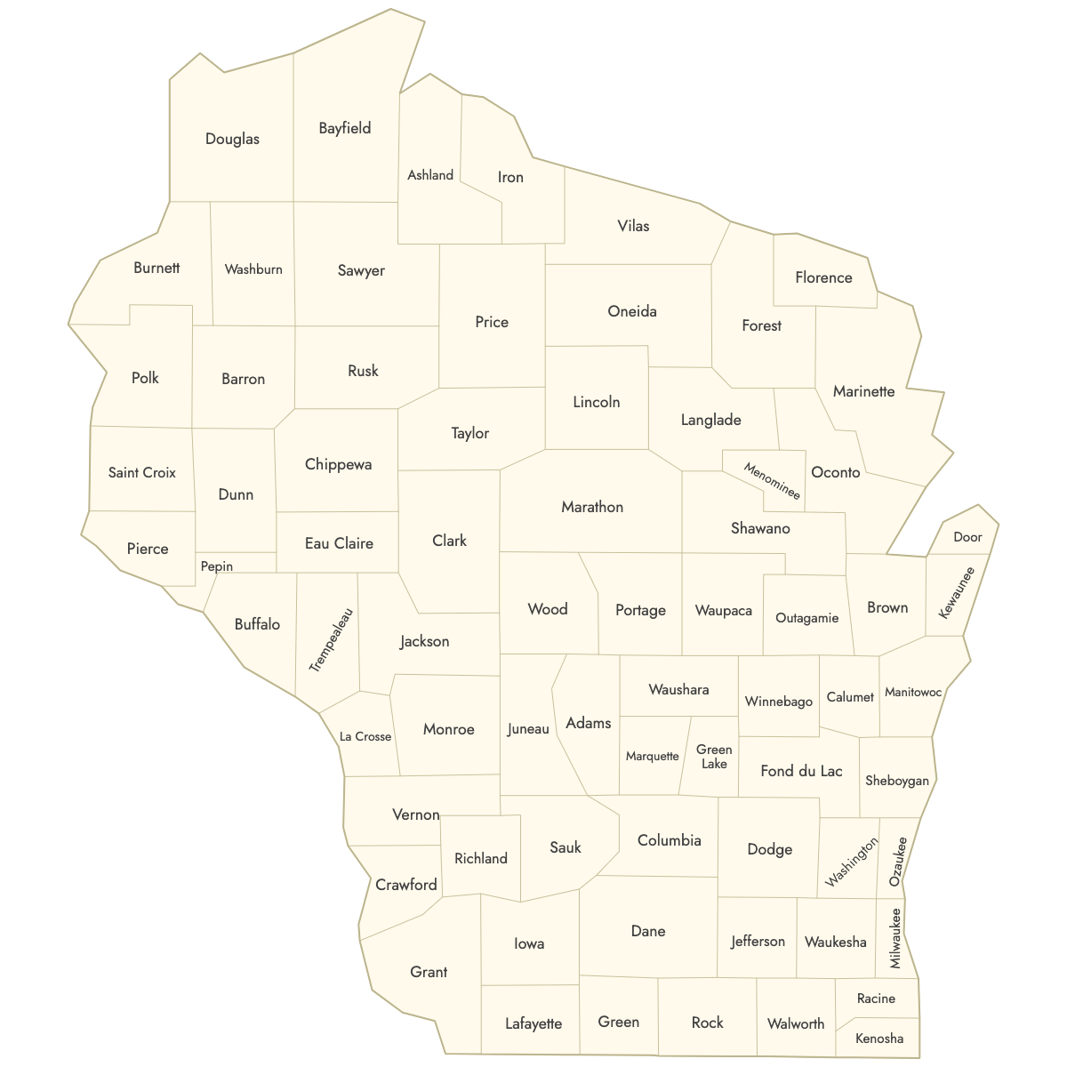 Unstyled Map of Wisconsin Counties With Labels