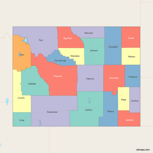 Preview of Colored Map of Wyoming Counties with Surrounding Areas