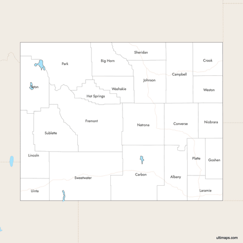 Preview of Labeled Map of Wyoming Counties with Surrounding Areas