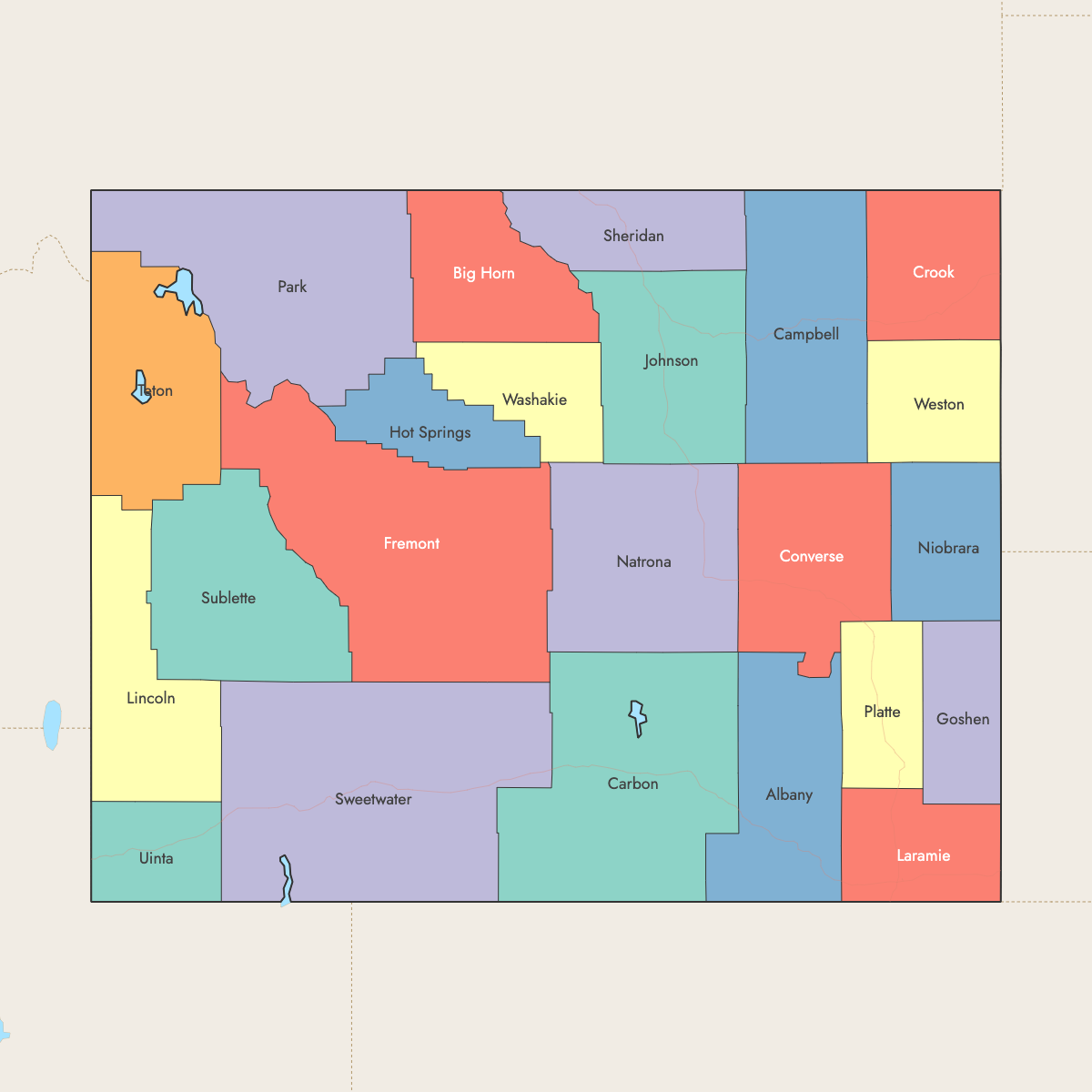 Custom Map of Wyoming Counties with Surrounding Areas