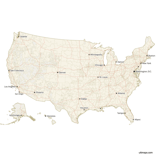 Preview of Map of the US with Cities and Roads