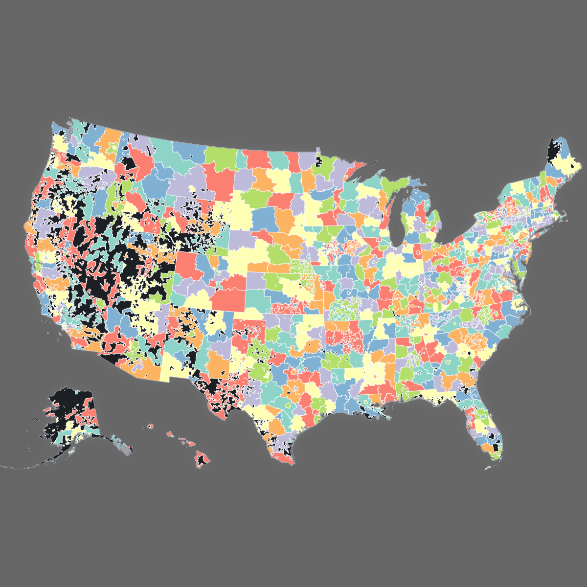 Dark themed map of the US with 3-Digit ZIP Codes