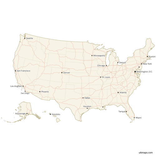 Map of the United States with Cities and Roads