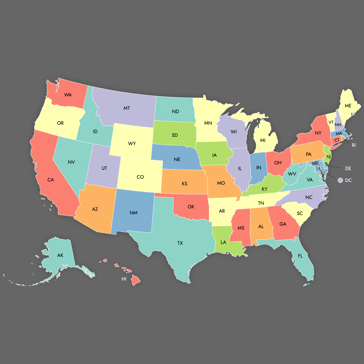 Custom Map of the United States with Labels (Dark Theme)