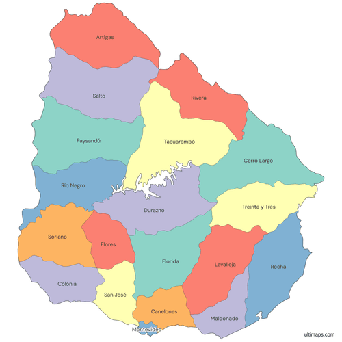 Colored Map of Uruguay Departments