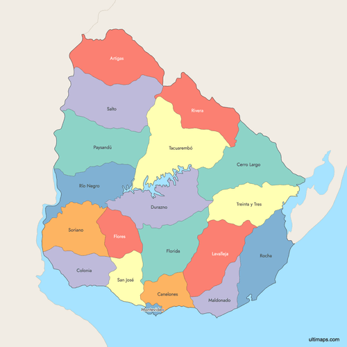 Preview of Colored Map of Uruguay Deparments with Surrounding Areas