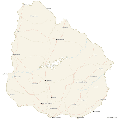 Map of Uruguay with Cities and Roads