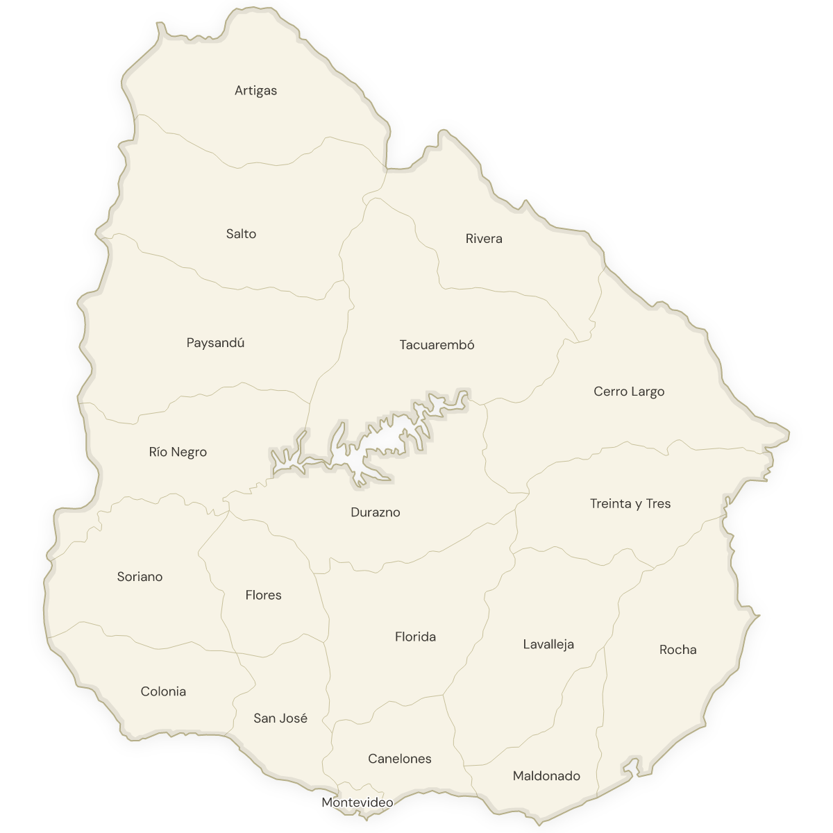 Blank map of Uruguay with labeled Departments