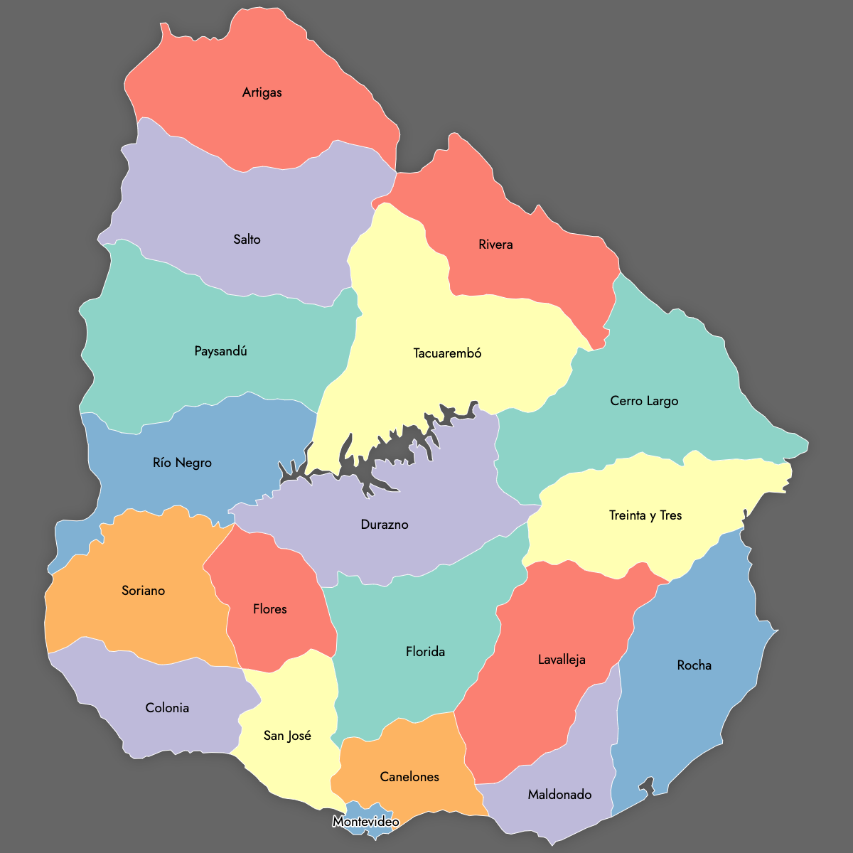 Custom Map of Uruguay Deparments with Labels (Dark Theme)