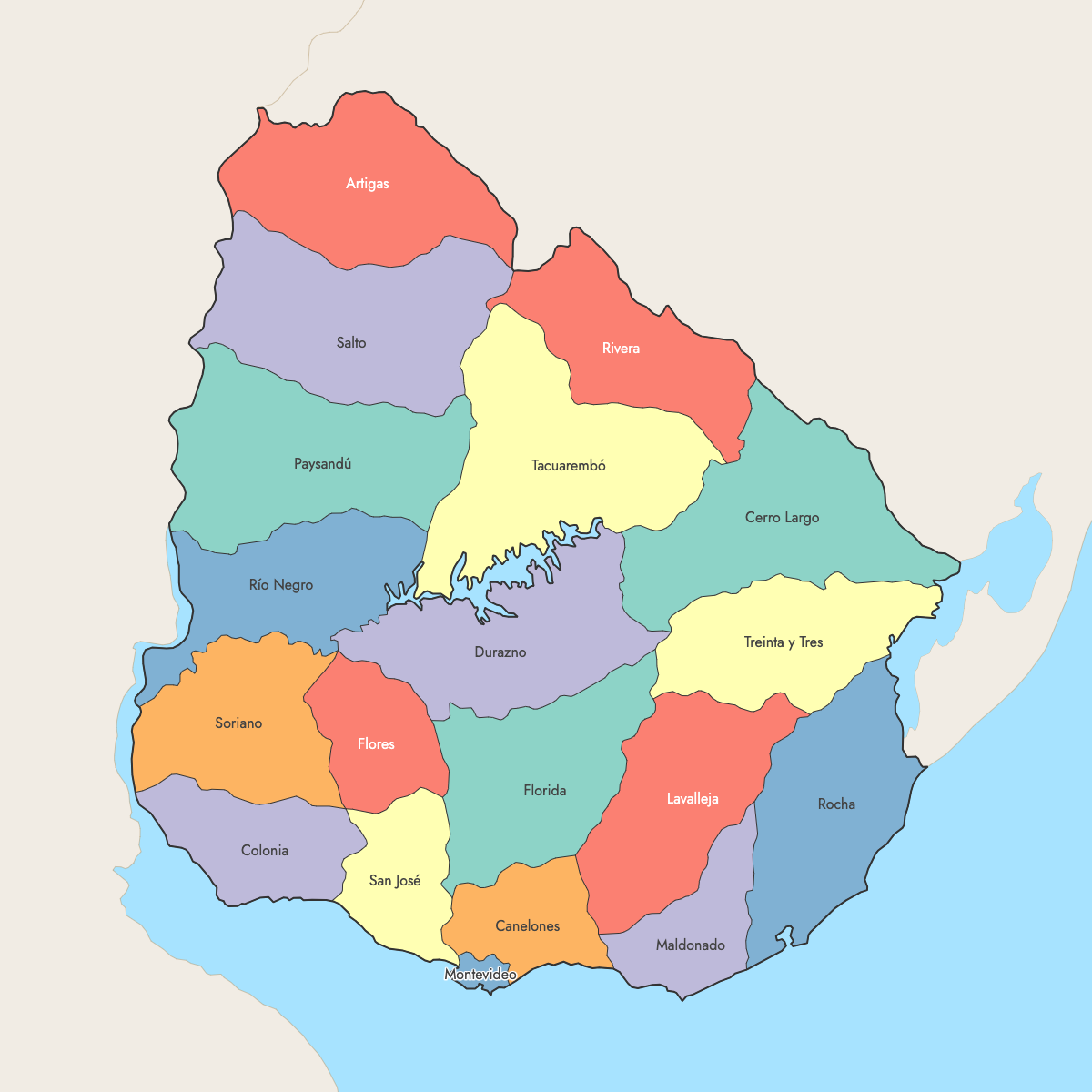Custom Map of Uruguay Deparments with Surrounding Areas