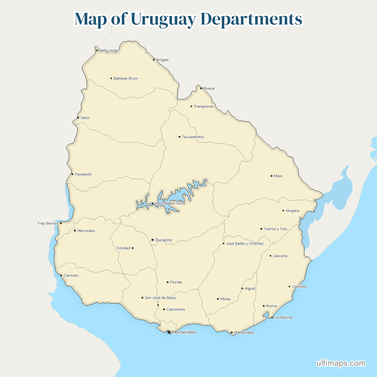 Map of Uruguay Departments showing department borders