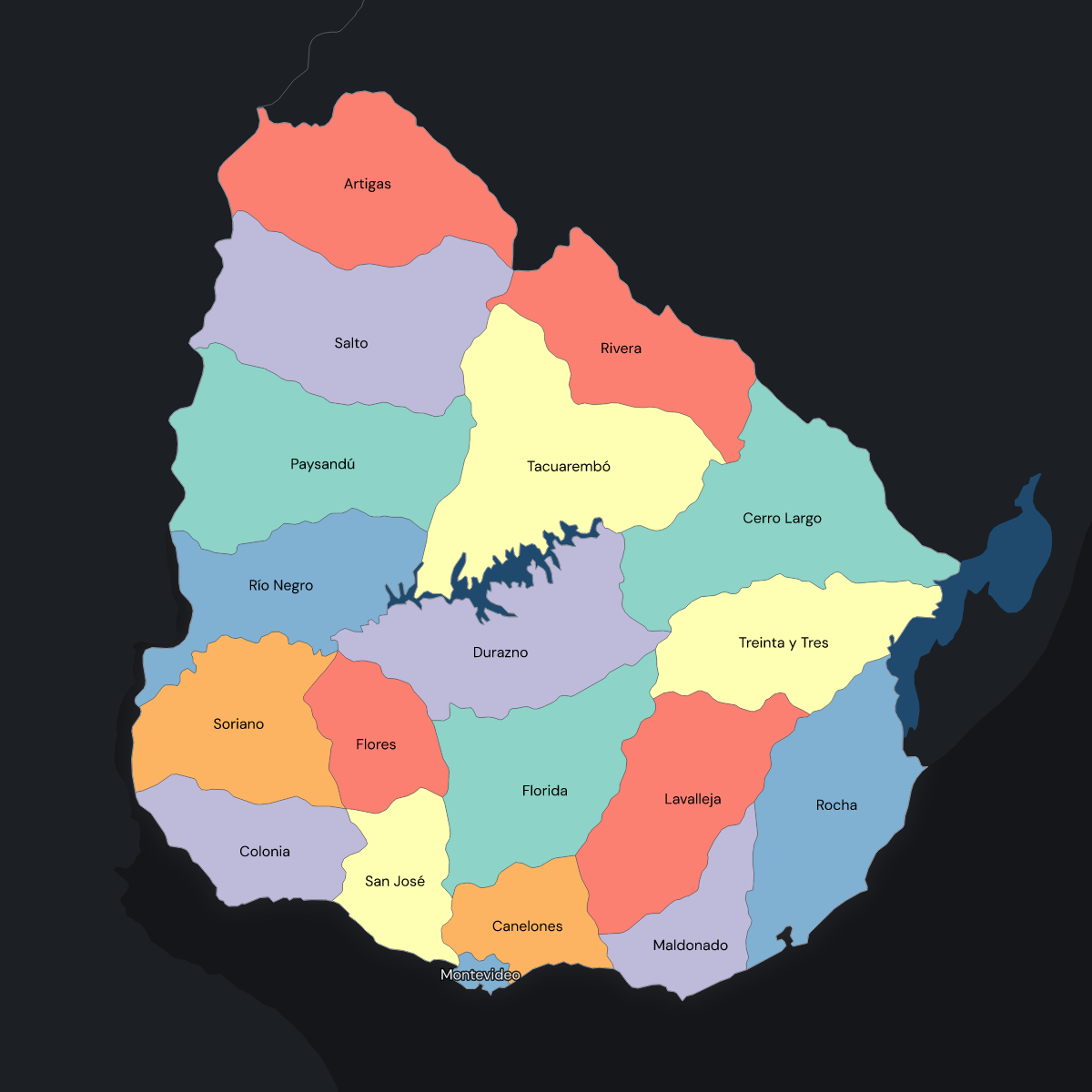 Dark themed map of Uruguay with Departments