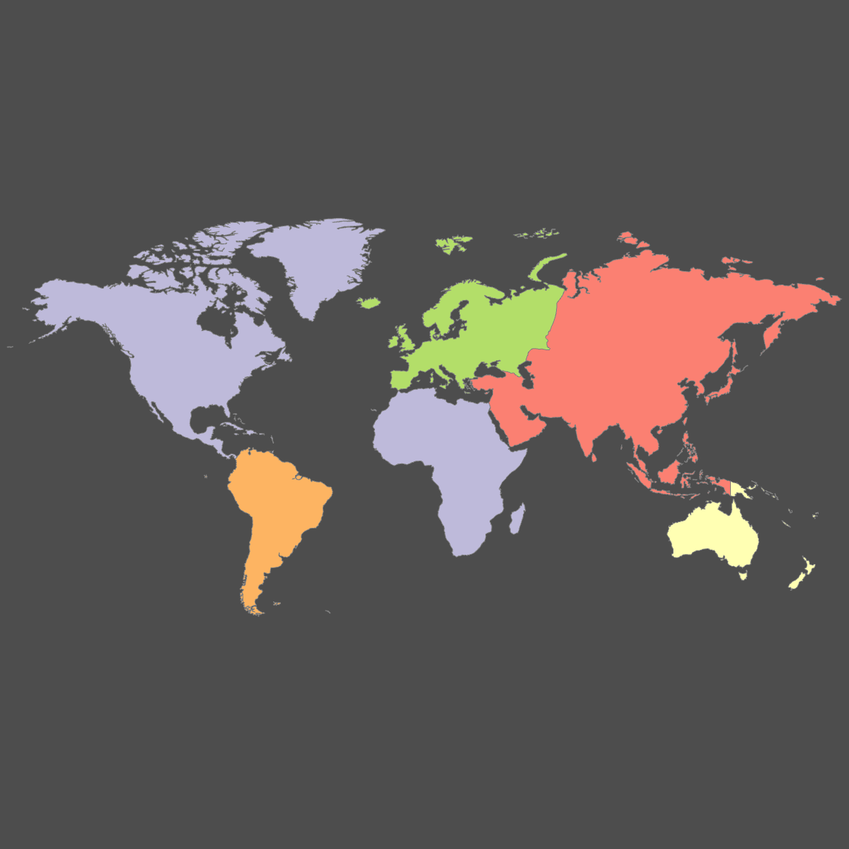 Colored Map of the World Continents (Dark Theme)