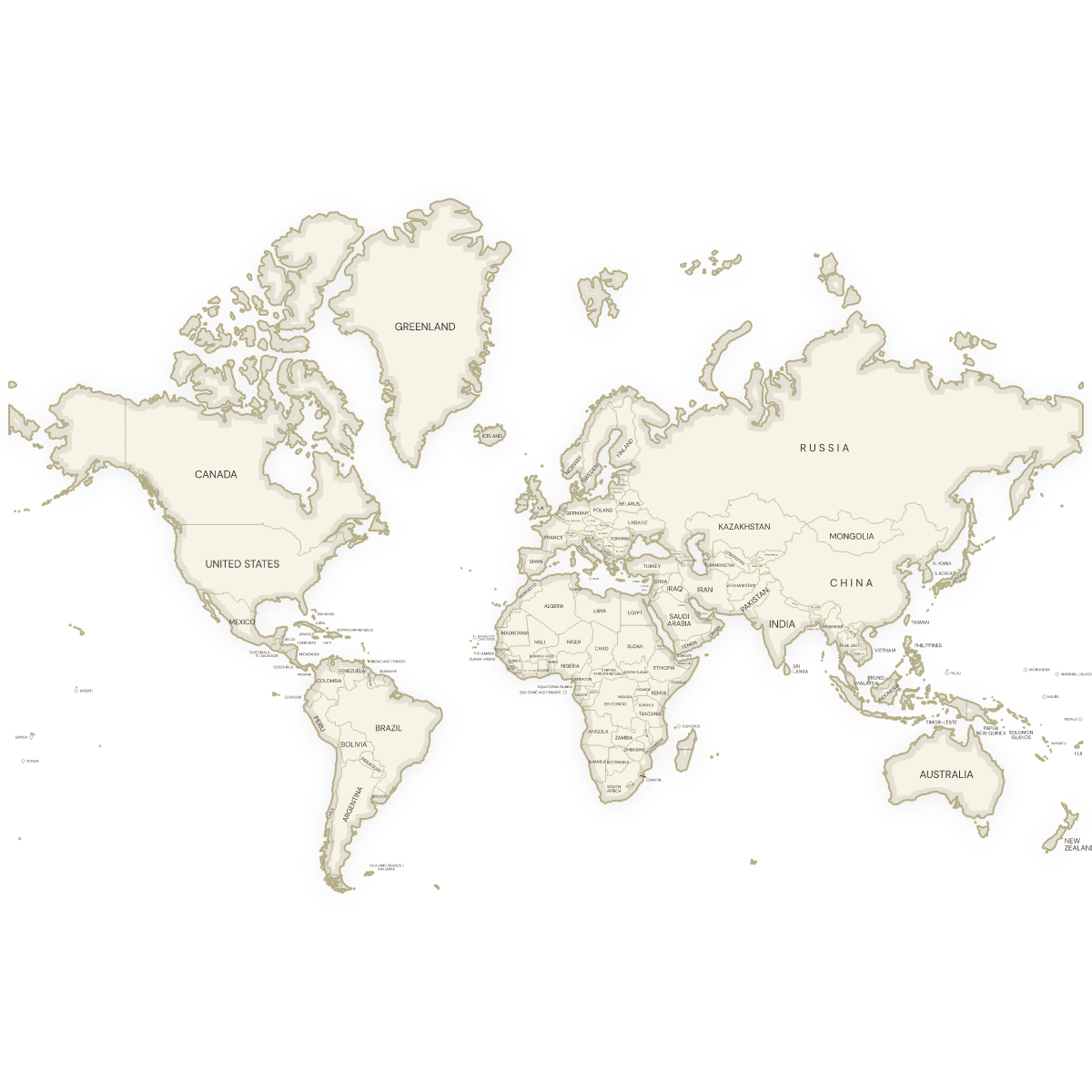 Blank map of the World with labeled Countries