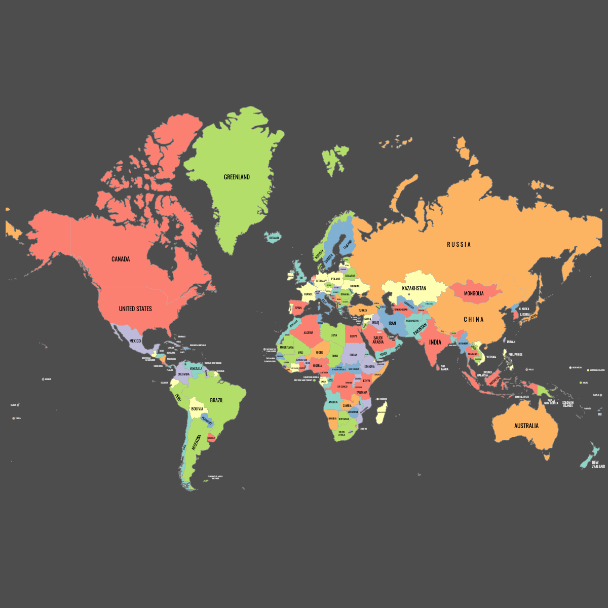 Colored Map of the World with Labels (Dark Theme)