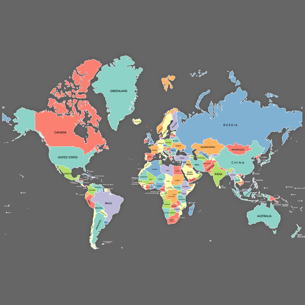 Custom Map of the World with Labels (Dark Theme)