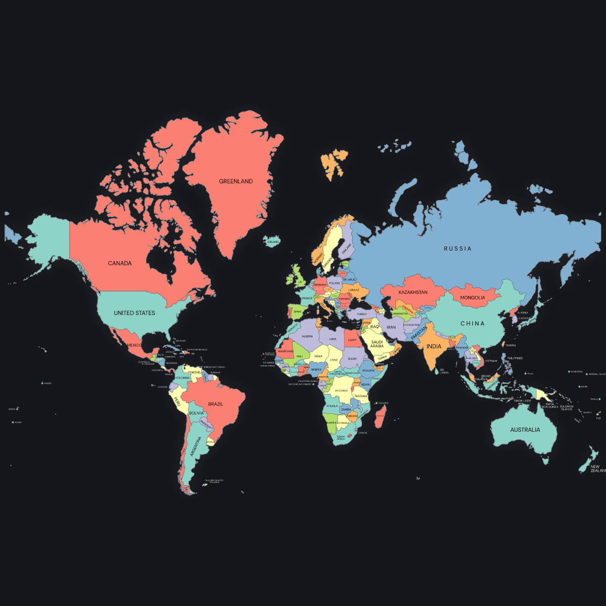 Dark themed map of the World with Countries